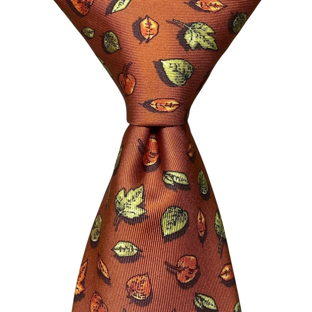 Marchesi di Como Men Burnt Orange Silk Autumn Leaf Print Tie Made in Italy